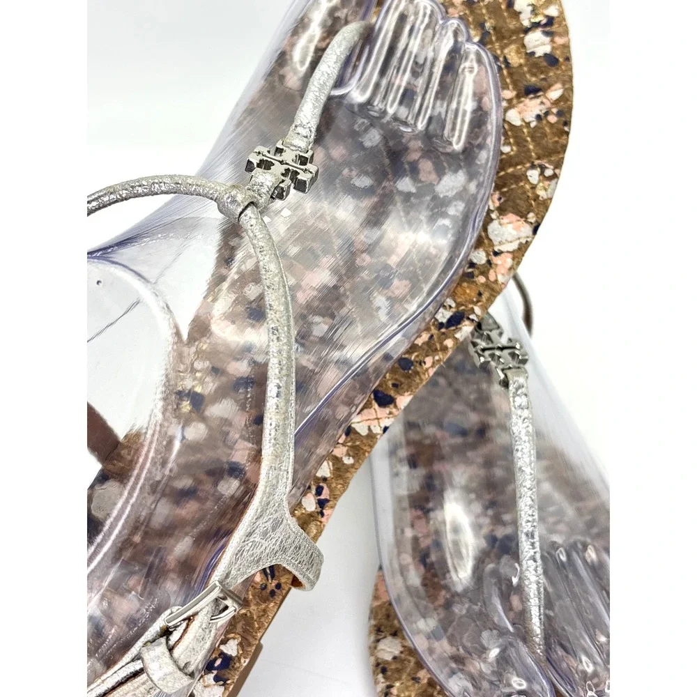Tory Burch Marion Confetti Women's 10.5 Silver Metallic Leather T-Strap Sandals